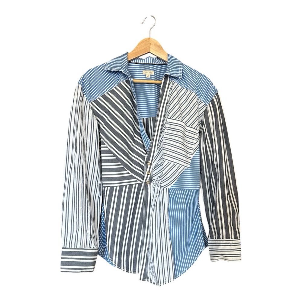 Pilcro Multi-Stripe Button-Down Shirt in Blue, Black, White